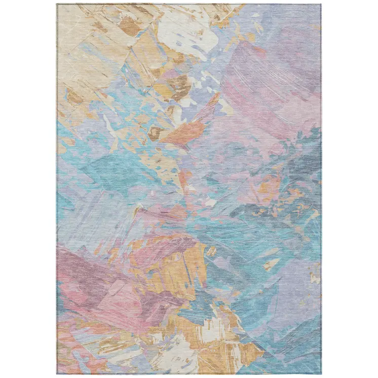 10' X 14' Teal Blue Gold And Pink Abstract Washable Indoor Outdoor Area Rug