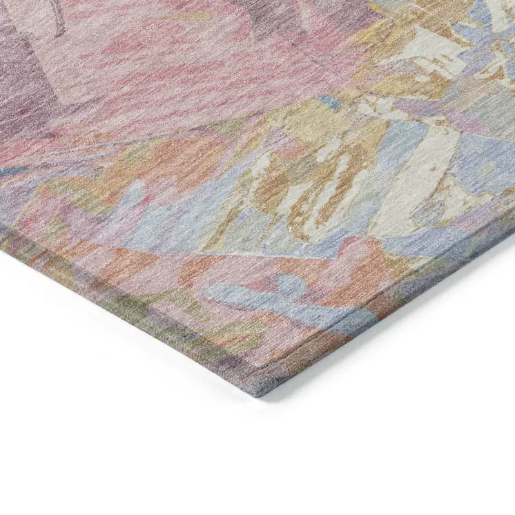 10' X 14' Teal Blue Gold And Pink Abstract Washable Indoor Outdoor Area Rug