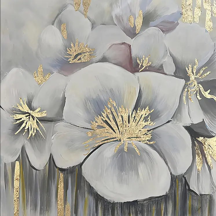 White And Gold Blossoms Gold Framed Oil Painting Wall Art