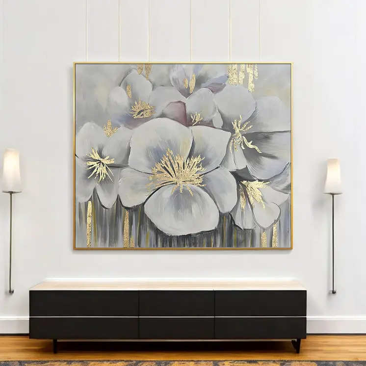 White And Gold Blossoms Gold Framed Oil Painting Wall Art