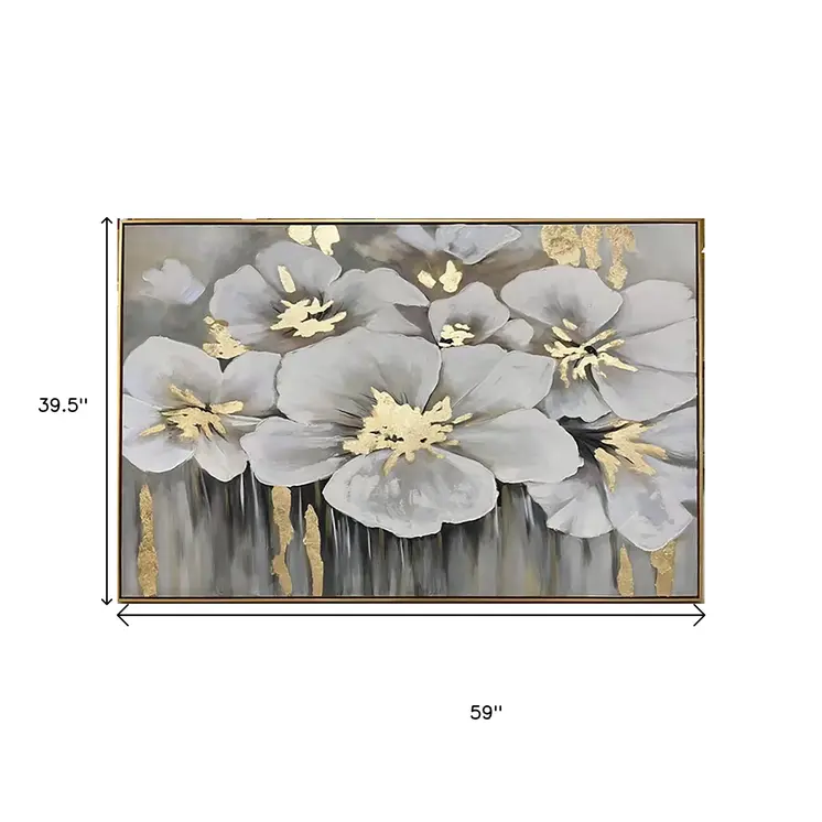 White And Gold Blossoms Gold Framed Oil Painting Wall Art