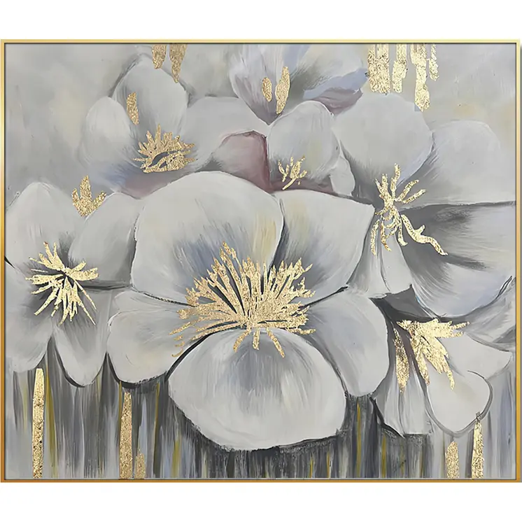White And Gold Blossoms Gold Framed Oil Painting Wall Art