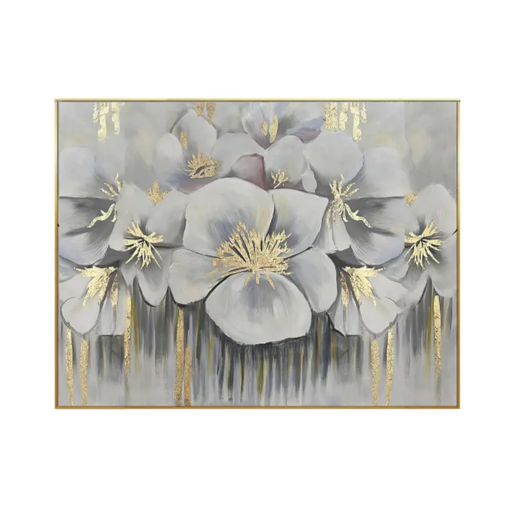White And Gold Blossoms Gold Framed Oil Painting Wall Art