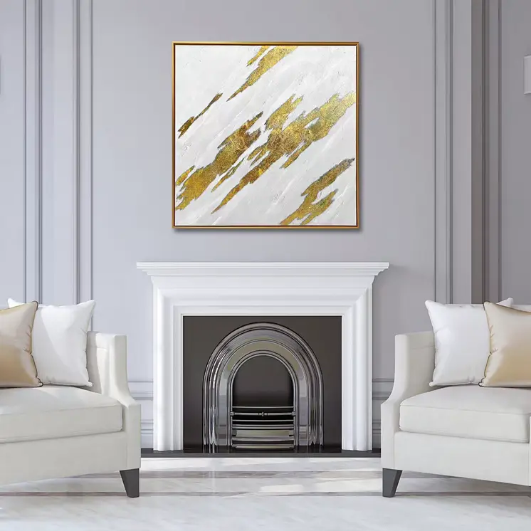 White And Gold Streaks Gold Framed Oil Painting Wall Art