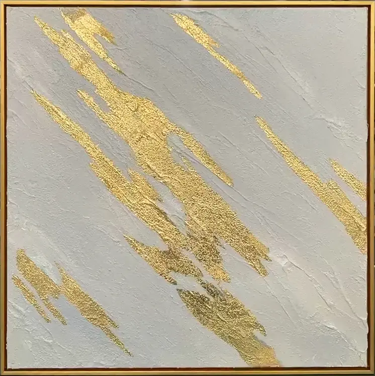 White And Gold Streaks Gold Framed Oil Painting Wall Art