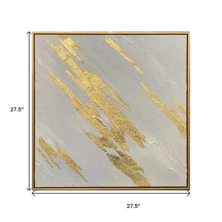 White And Gold Streaks Gold Framed Oil Painting Wall Art