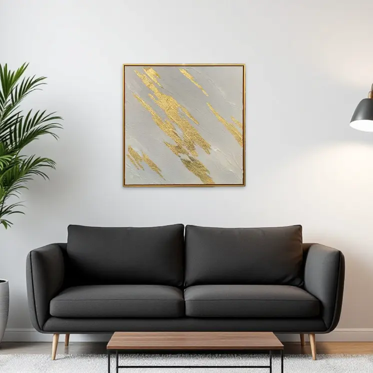 White And Gold Streaks Gold Framed Oil Painting Wall Art