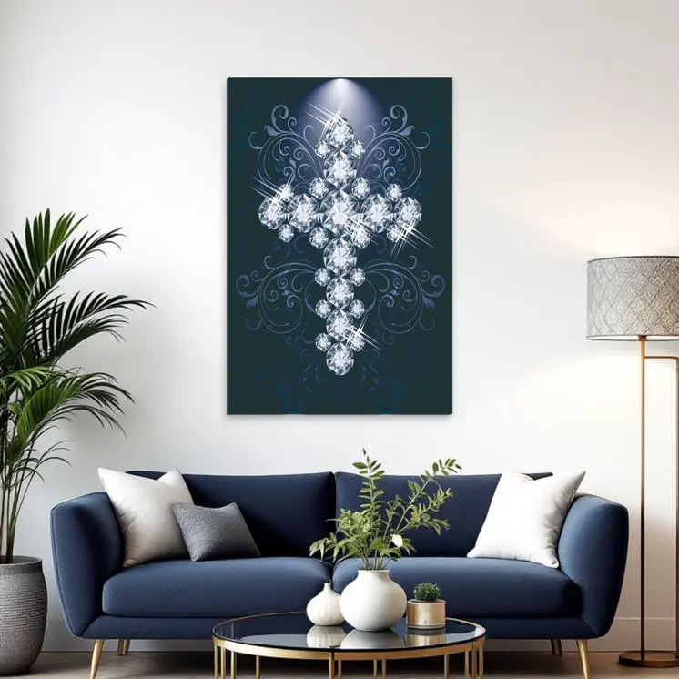 Blue Diamond Studded Cross Unframed Acrylic Wall Art