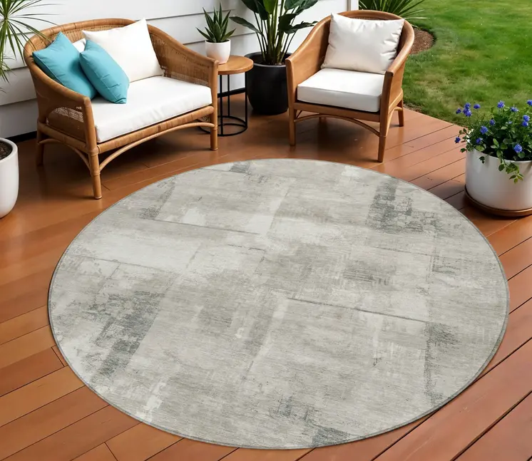8' Beige And Gray Round Geometric Washable Indoor Outdoor Area Rug