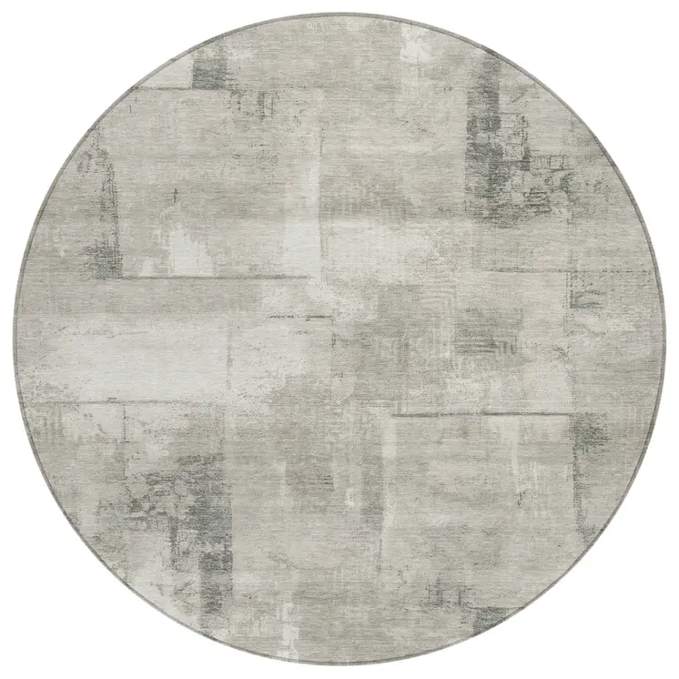 8' Beige And Gray Round Geometric Washable Indoor Outdoor Area Rug