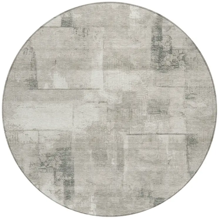 8' Beige And Gray Round Geometric Washable Indoor Outdoor Area Rug