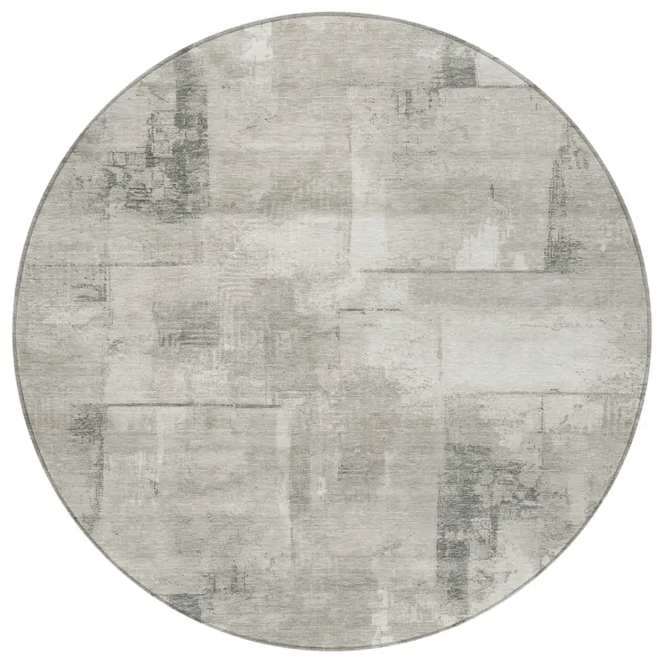 8' Beige And Gray Round Geometric Washable Indoor Outdoor Area Rug