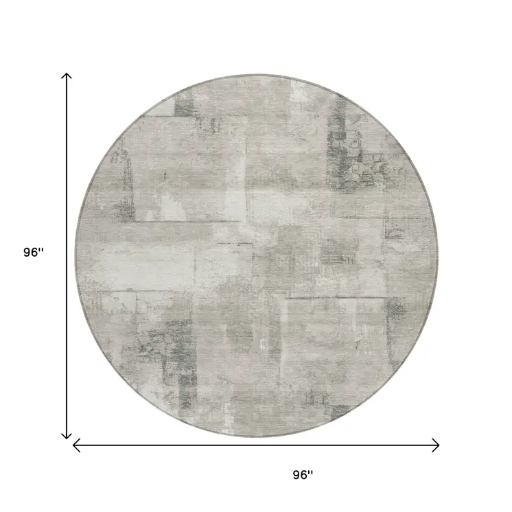 8' Beige And Gray Round Geometric Washable Indoor Outdoor Area Rug