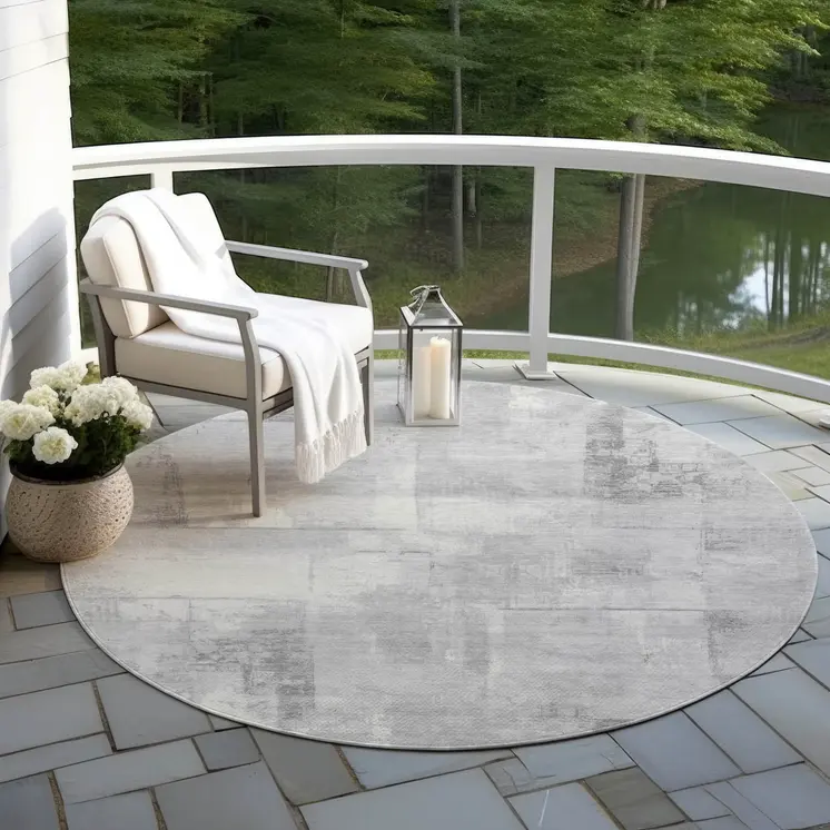 8' Gray And Silver Round Geometric Washable Indoor Outdoor Area Rug