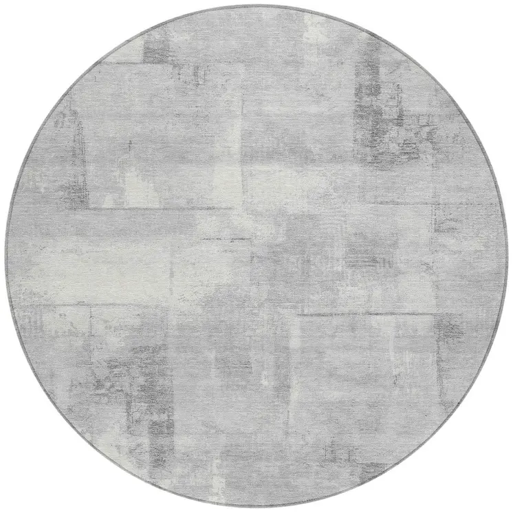 8' Gray And Silver Round Geometric Washable Indoor Outdoor Area Rug