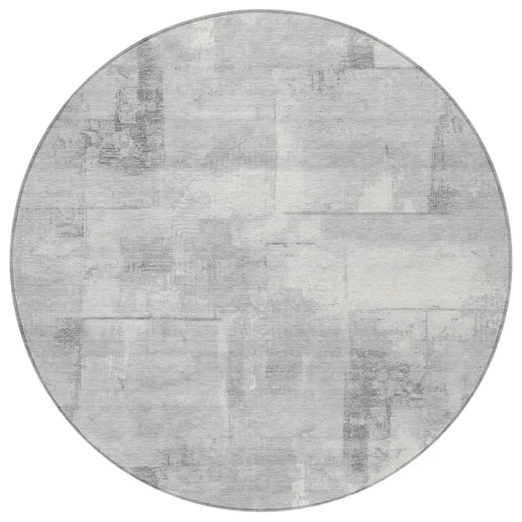 8' Gray And Silver Round Geometric Washable Indoor Outdoor Area Rug