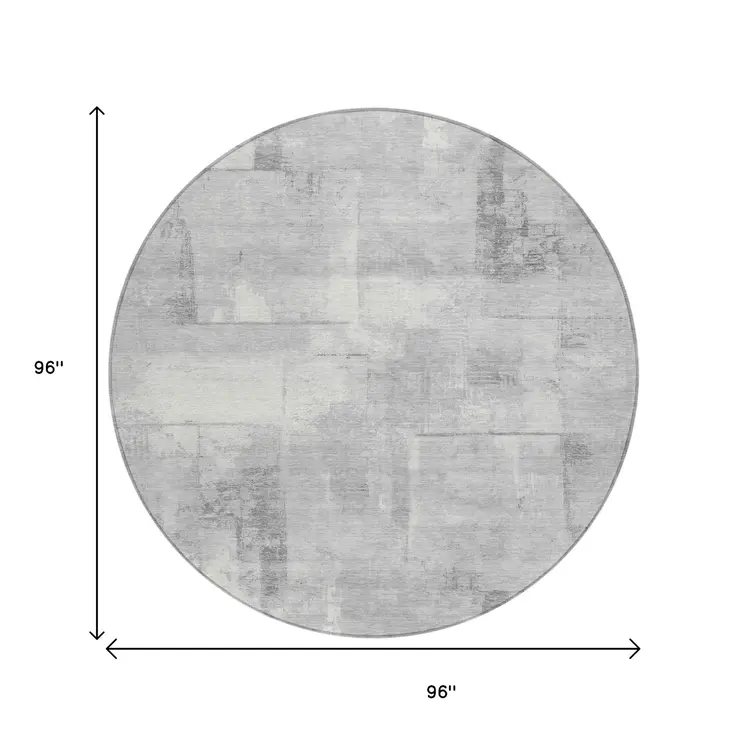 8' Gray And Silver Round Geometric Washable Indoor Outdoor Area Rug