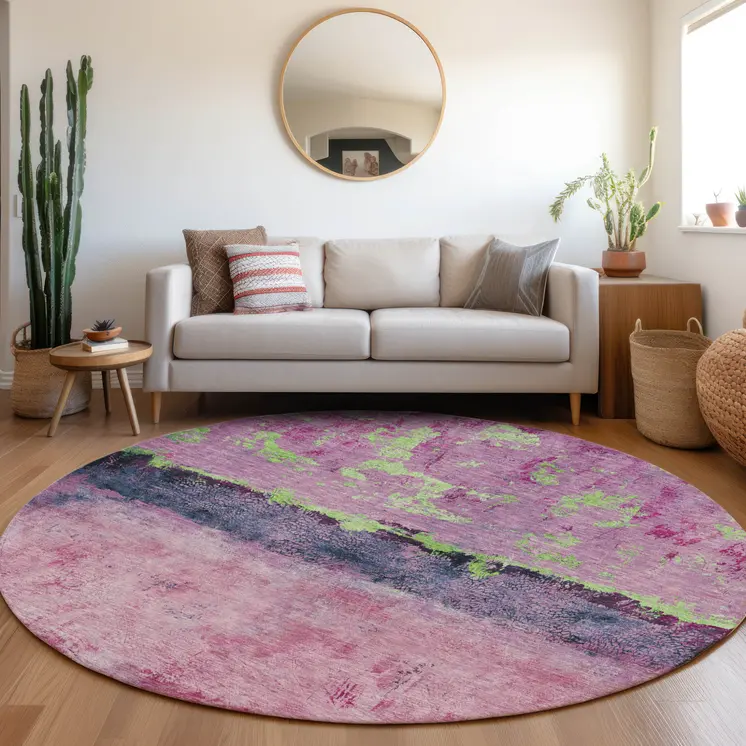 8' Blush And Mint Green Round Abstract Washable Indoor Outdoor Area Rug
