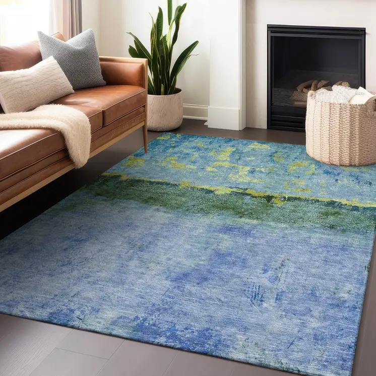 3' X 5' Blue And Lime Green Abstract Washable Indoor Outdoor Area Rug