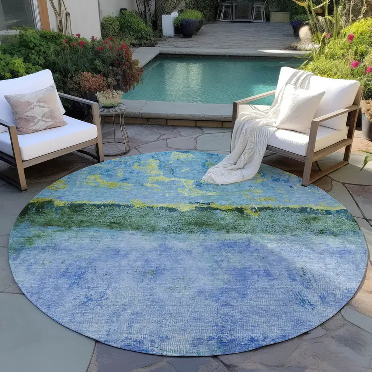 8' Blue And Lime Green Round Abstract Washable Indoor Outdoor Area Rug