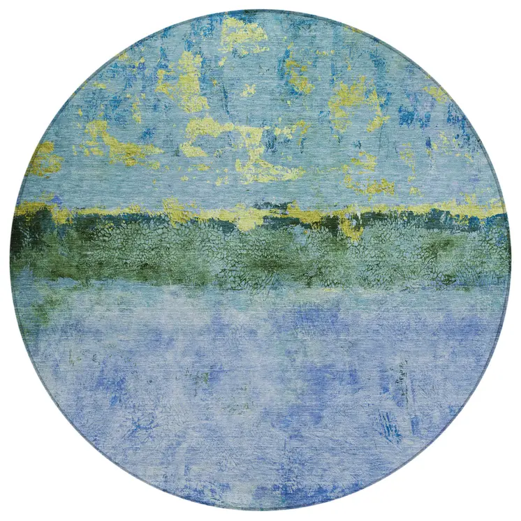 8' Blue And Lime Green Round Abstract Washable Indoor Outdoor Area Rug