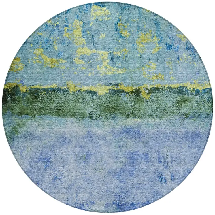 8' Blue And Lime Green Round Abstract Washable Indoor Outdoor Area Rug
