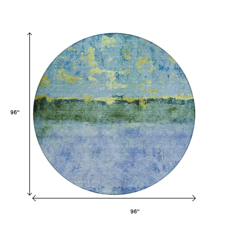 8' Blue And Lime Green Round Abstract Washable Indoor Outdoor Area Rug