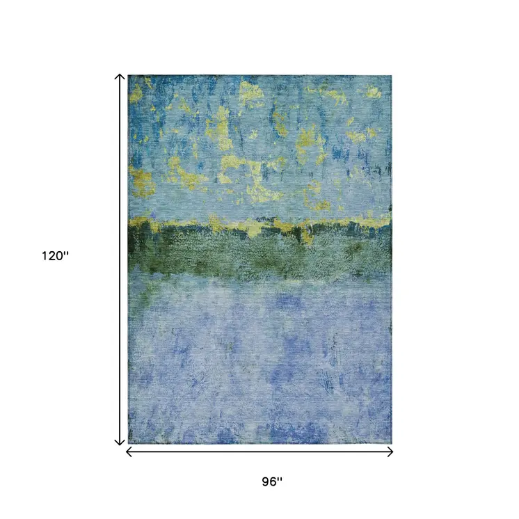 8' X 10' Blue And Lime Green Abstract Washable Indoor Outdoor Area Rug
