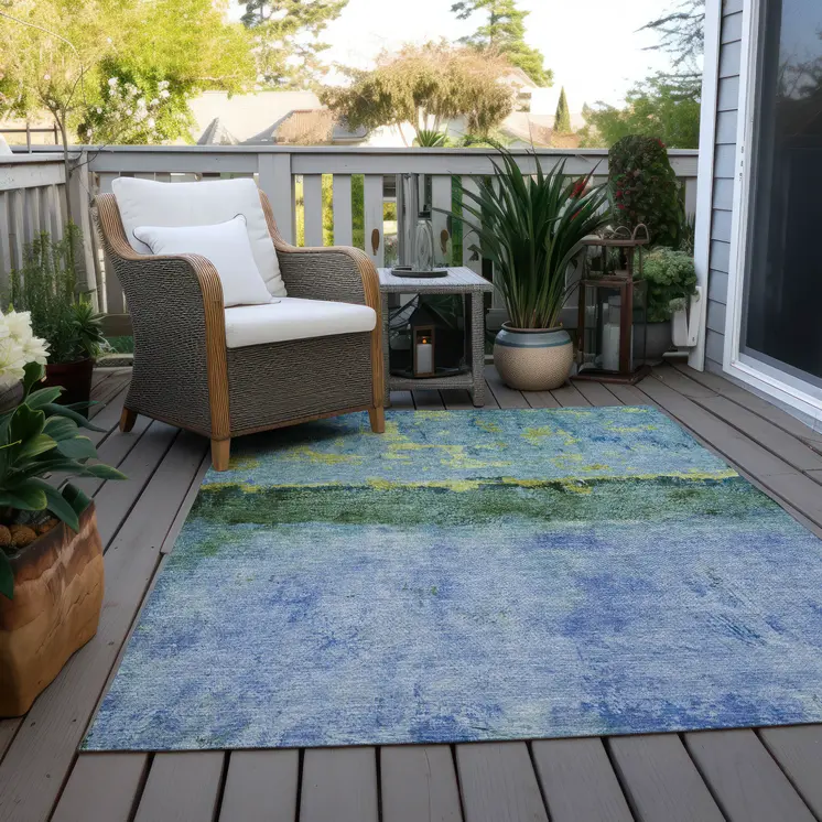 8' X 10' Blue And Lime Green Abstract Washable Indoor Outdoor Area Rug