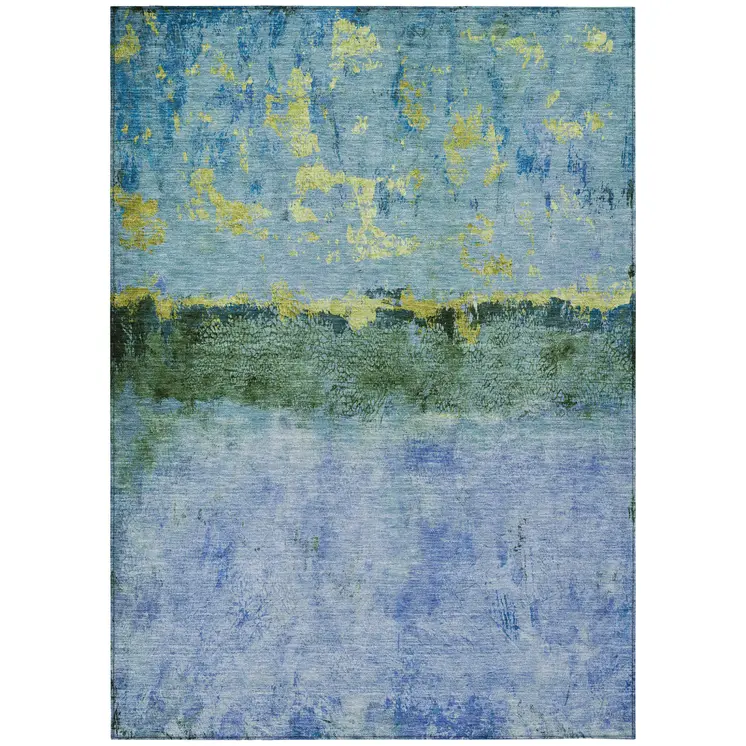 8' X 10' Blue And Lime Green Abstract Washable Indoor Outdoor Area Rug