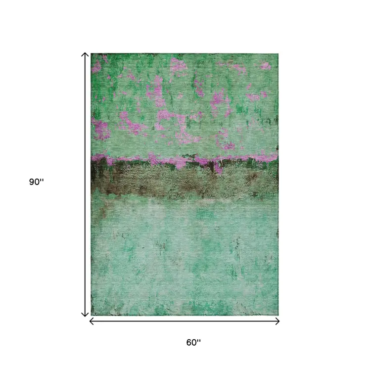 5' X 8' Green And Pink Abstract Washable Indoor Outdoor Area Rug