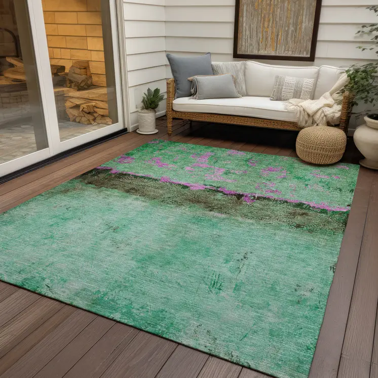 5' X 8' Green And Pink Abstract Washable Indoor Outdoor Area Rug