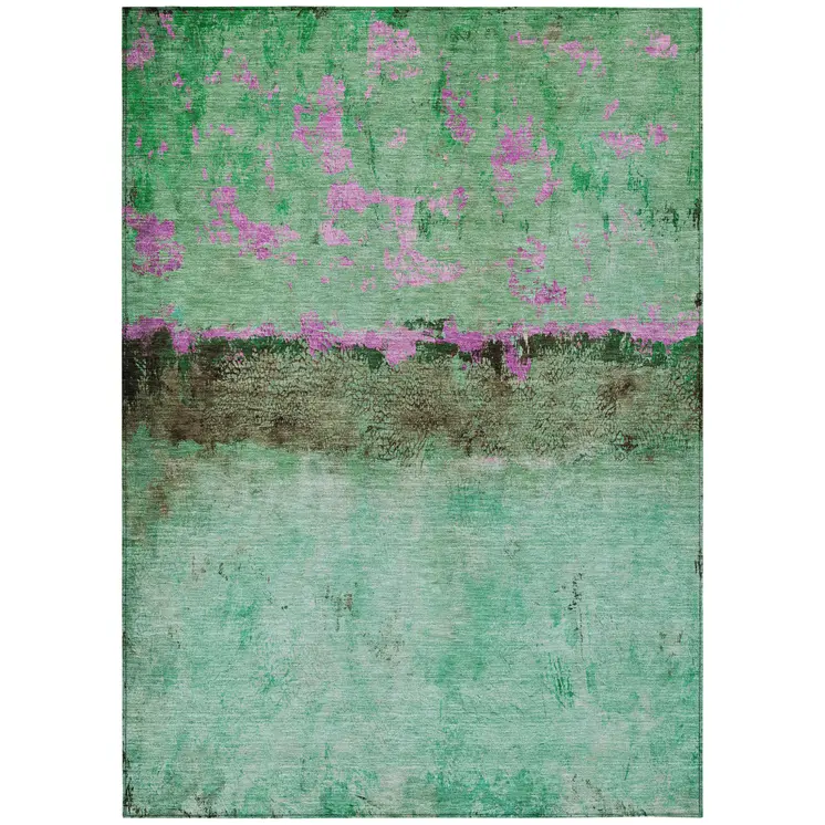 5' X 8' Green And Pink Abstract Washable Indoor Outdoor Area Rug