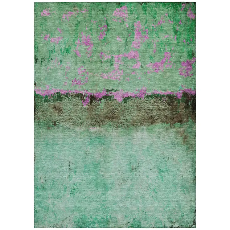 5' X 8' Green And Pink Abstract Washable Indoor Outdoor Area Rug