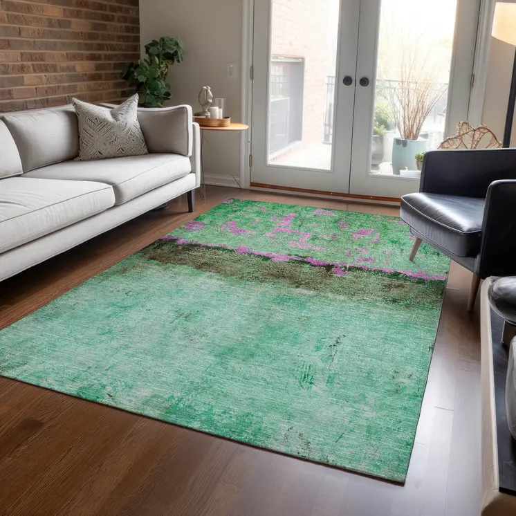 5' X 8' Green And Pink Abstract Washable Indoor Outdoor Area Rug