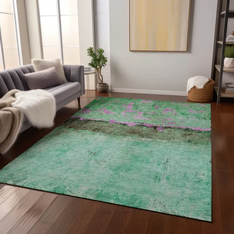 5' X 8' Green And Pink Abstract Washable Indoor Outdoor Area Rug