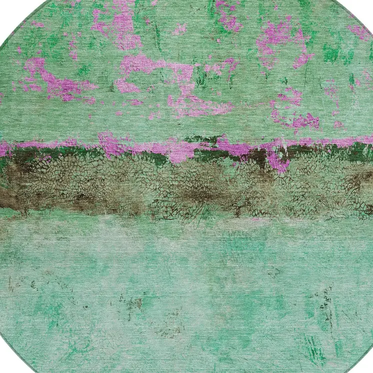8' Green And Pink Round Abstract Washable Indoor Outdoor Area Rug