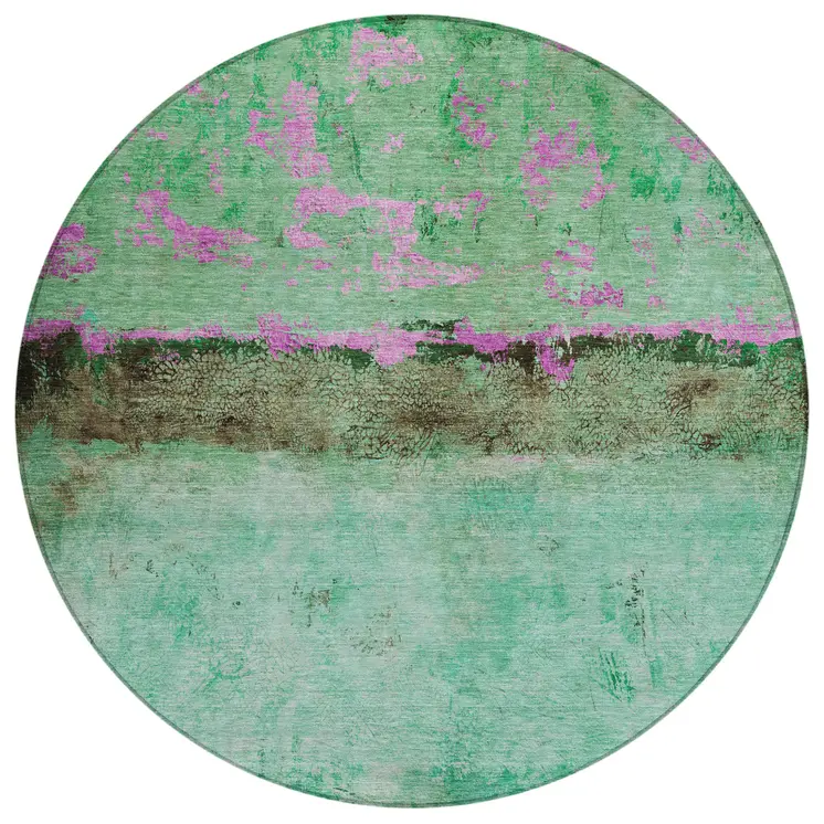 8' Green And Pink Round Abstract Washable Indoor Outdoor Area Rug