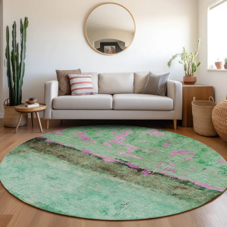 8' Green And Pink Round Abstract Washable Indoor Outdoor Area Rug