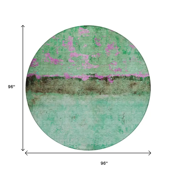 8' Green And Pink Round Abstract Washable Indoor Outdoor Area Rug