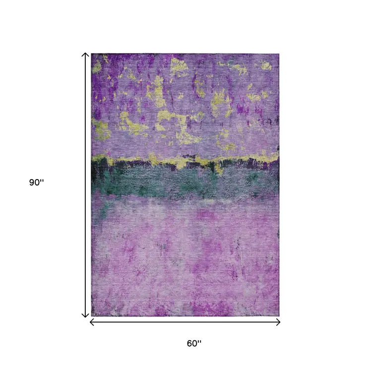 5' X 8' Plum And Gold Abstract Washable Indoor Outdoor Area Rug