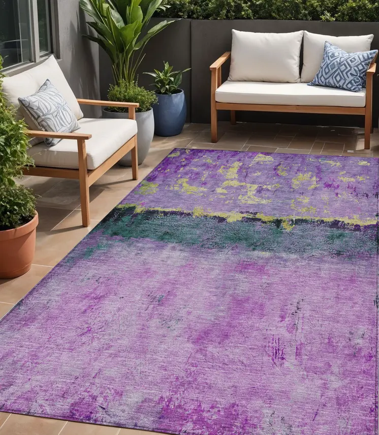 5' X 8' Plum And Gold Abstract Washable Indoor Outdoor Area Rug
