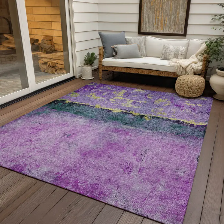 5' X 8' Plum And Gold Abstract Washable Indoor Outdoor Area Rug
