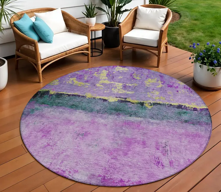 8' Plum And Gold Round Abstract Washable Indoor Outdoor Area Rug