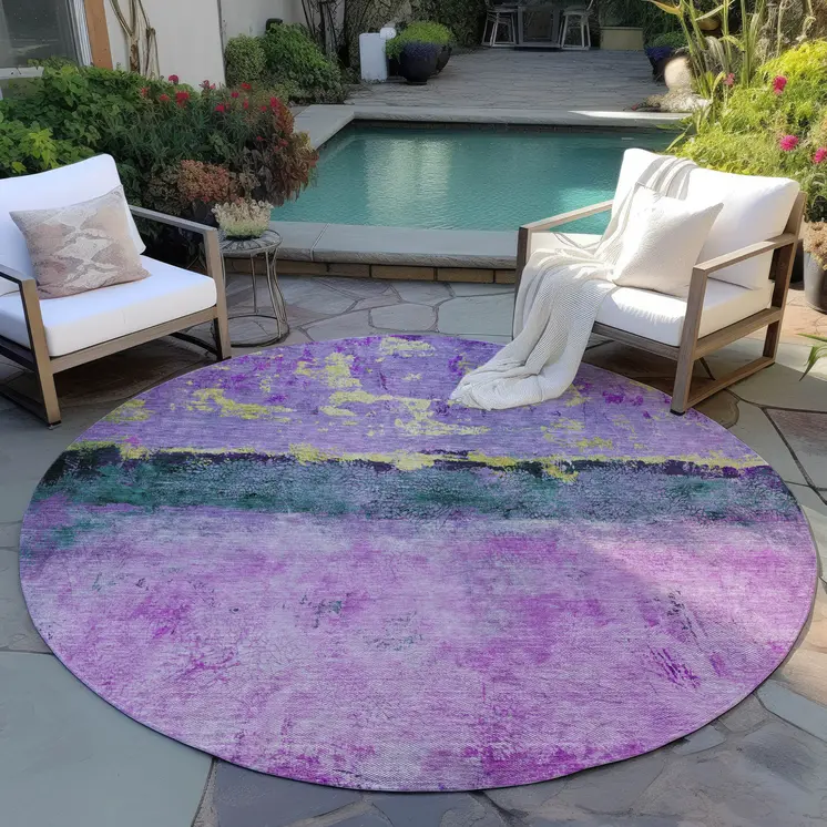 8' Plum And Gold Round Abstract Washable Indoor Outdoor Area Rug