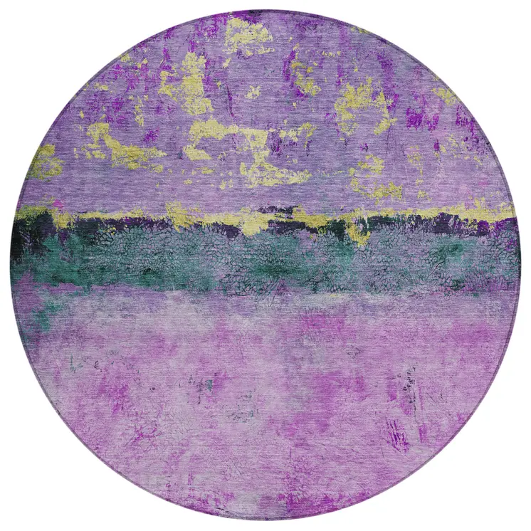 8' Plum And Gold Round Abstract Washable Indoor Outdoor Area Rug