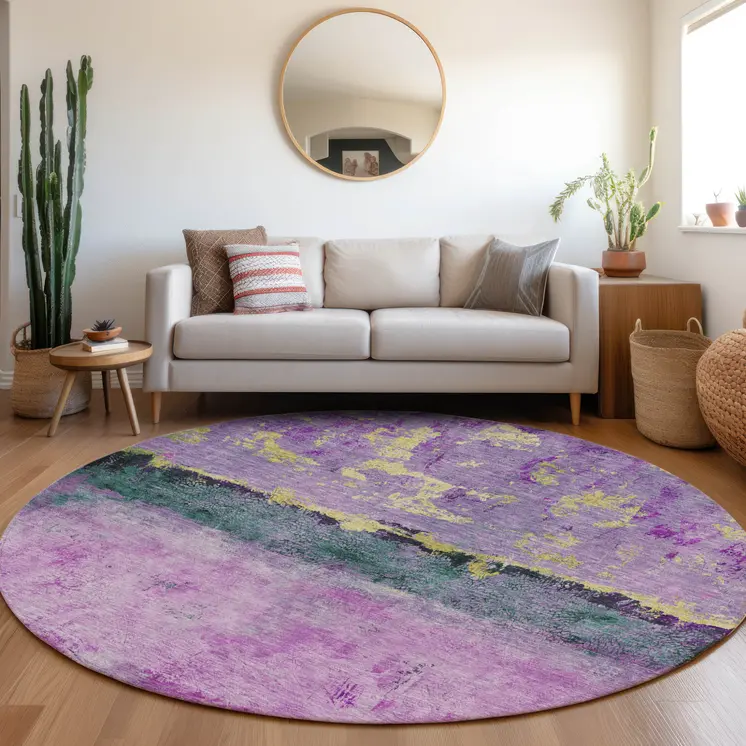 8' Plum And Gold Round Abstract Washable Indoor Outdoor Area Rug