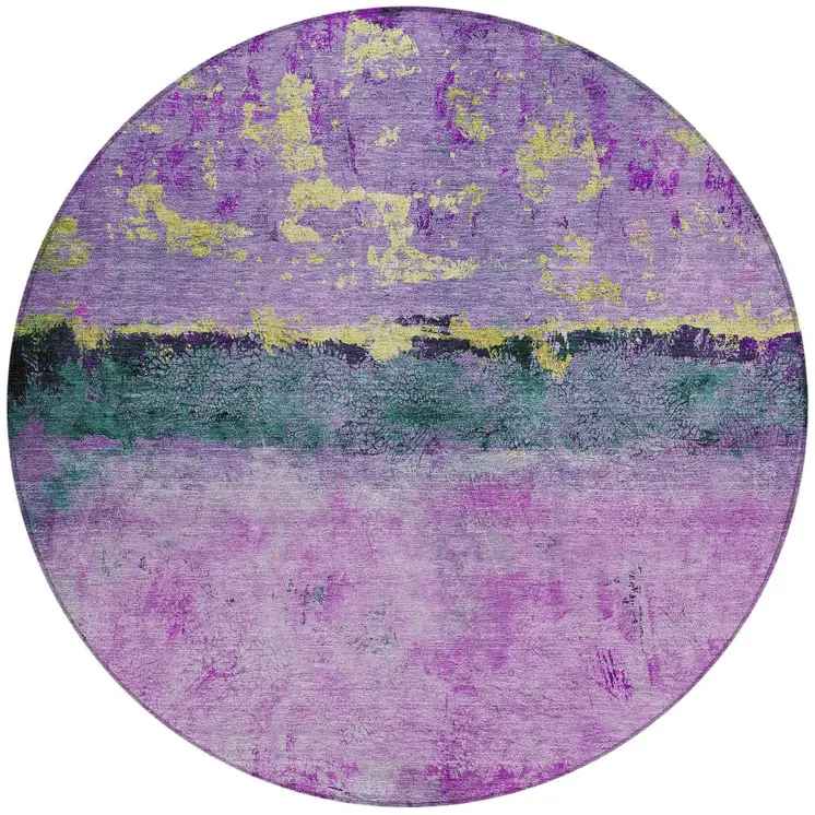 8' Plum And Gold Round Abstract Washable Indoor Outdoor Area Rug