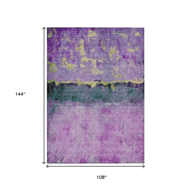 9' X 12' Plum And Gold Abstract Washable Indoor Outdoor Area Rug