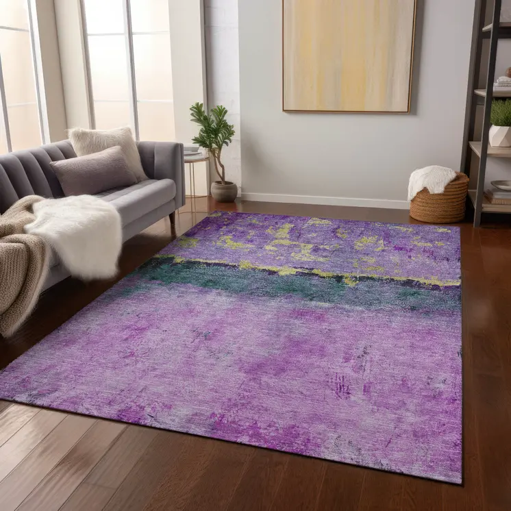 10' X 14' Plum And Gold Abstract Washable Indoor Outdoor Area Rug